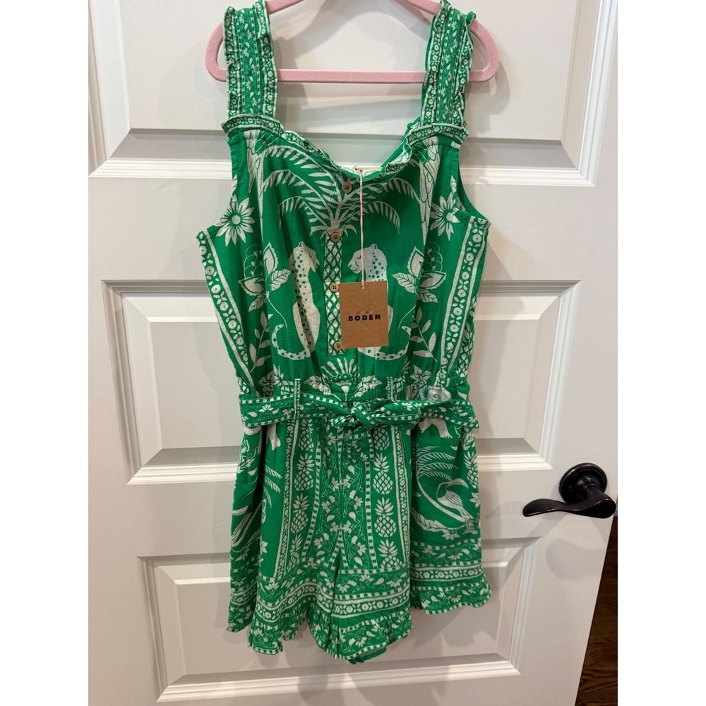 Mini Boden Kids Green Jungle Leopard Linen Cotton Romper G4049 Size 11-12Y NWT